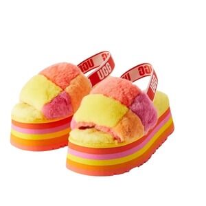 UGG Fluff Yeah Disco Checker Pride Platform Slides Rainbow Multi Color Womens 8